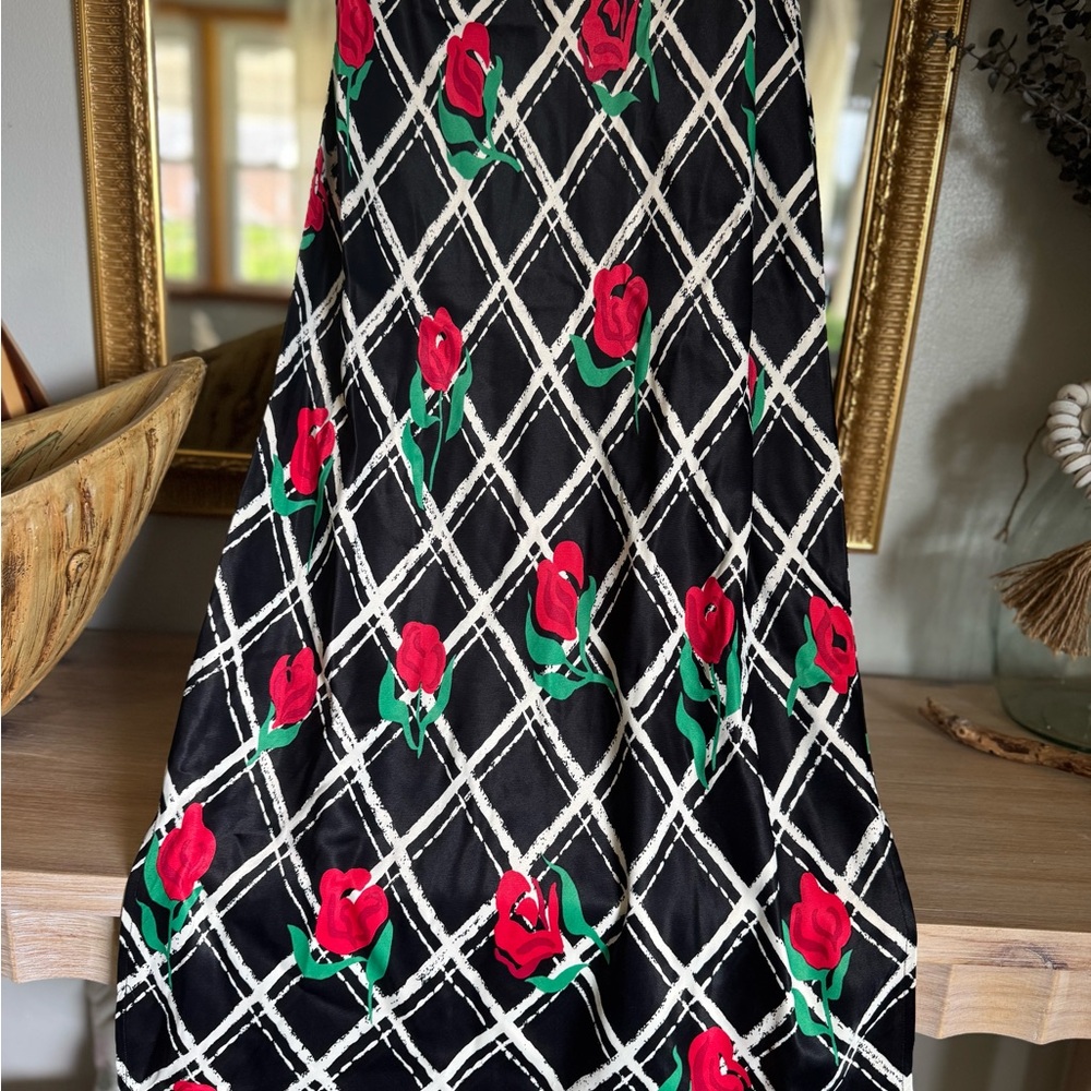 Anthropologie Floral Maxi Dress🌹Romantic Strappy Midi Black White Red Rose Print - Picture 5 of 9